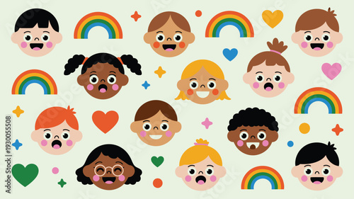 Diverse children faces, joyful expressions