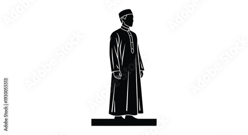 A striking black silhouette depicts a man in traditional arabic attire standing on a platform silhouette high quality