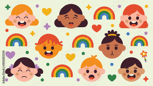 Diverse children faces, varied emotions