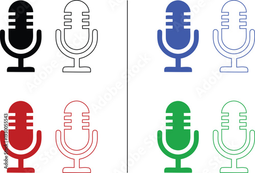 microphone and audio icon isolated on white background, vector illustration of mic for podcasting and voice recording in colorful solid and outline styles.