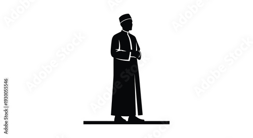 A striking black silhouette of a man in traditional attire standing formally against a white background silhouette
