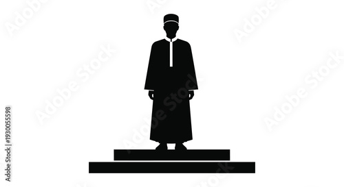 A stark full body silhouette of a man in traditional clothing standing on a tiered platform silhouette high quality