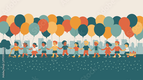 Diverse Kids Parade Balloons City