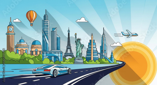 Global travel adventure showcasing iconic landmarks and transportation options.