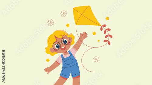 Girl flying yellow kite playtime