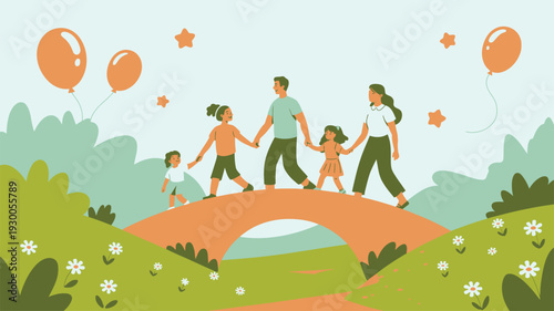 Family walking park bridge illustration
