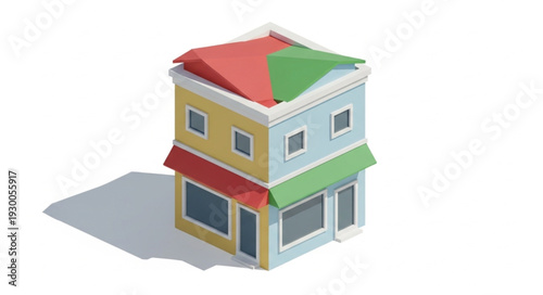 Colorful low poly building with red and green roof, yellow and blue walls, and shop windows.