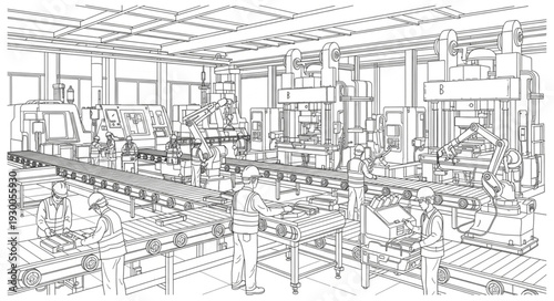 Industrial factory production line with workers and machinery in operation.