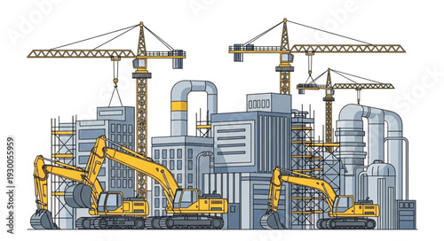 Construction site with cranes and heavy machinery building structures.