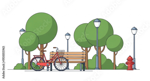 A charming park scene featuring a bicycle, bench, trees, and a fire hydrant.