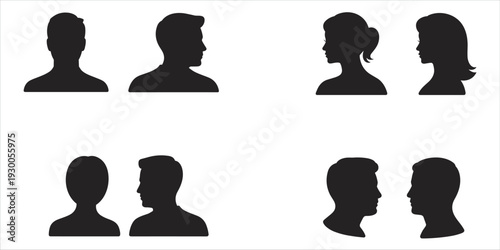 Four pairs of human head and shoulder silhouette profiles including male and female on white background Keywords: silhouette