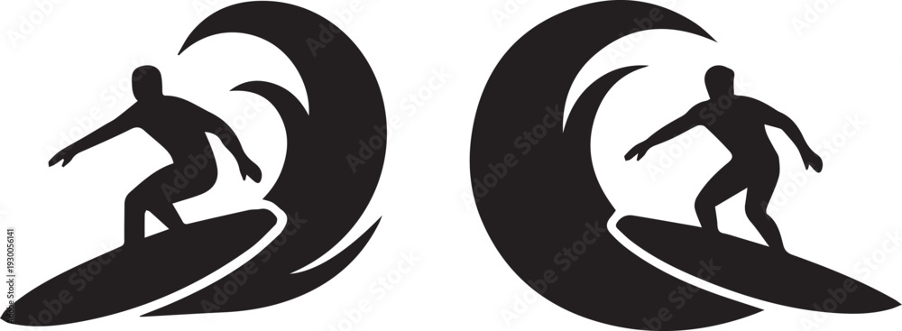 Obraz premium Symmetrical Silhouette of Surfer Riding Ocean Wave Vector Icons on White Background