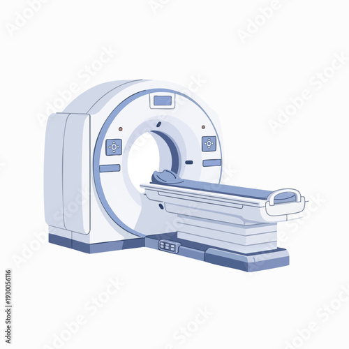 Medical CT scanner in a hospital; modern diagnostic imaging equipment for healthcare; vector illustration in blue tones for medical examination use