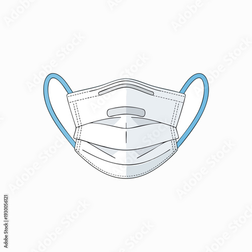 Medical face mask illustration for virus protection and healthcare; white surgical mask with blue elastic straps; simple vector drawing