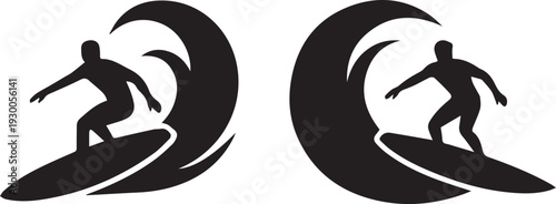 Symmetrical Silhouette of Surfer Riding Ocean Wave Vector Icons on White Background