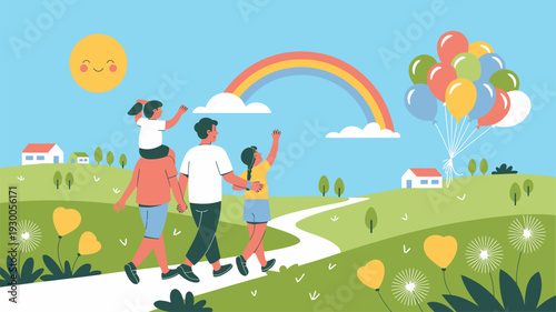 Happy family walking outdoor path