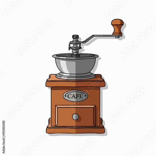 Illustration of vintage manual coffee grinder with a wooden base silver bowl and handle providing fresh ground for cafe or home use