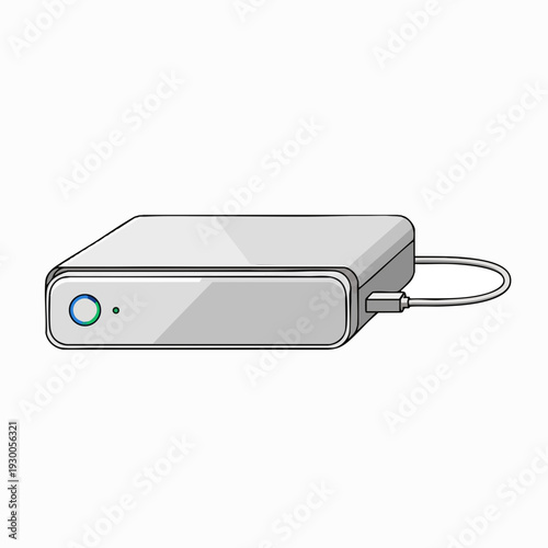 Isolated cartoon illustration of a gray external hard drive with a connected USB cable for data backup and storage enhancing digital portability