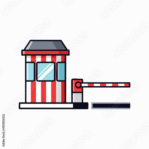 Isolated cartoon style toll booth with barrier gate arm. Red and white striped security point illustration. Isolated transport theme for commercial use.