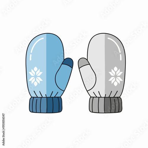 Isolated vector illustration of winter mittens with snowflake design; a blue winter glove and gray winter glove for cozy cold weather apparel design
