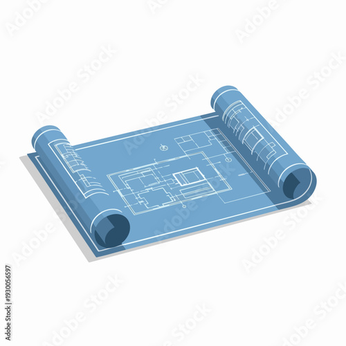 Isometric architectural blueprint illustration of residential building project plan design on a roll vector drawing style