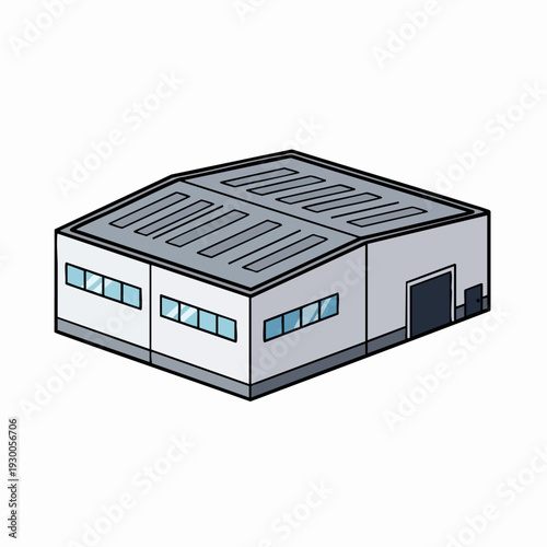 Isometric warehouse building vector illustration; depot storage facility with gray roof and white walls for industrial needs