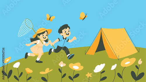 Kids camping butterfly net nature