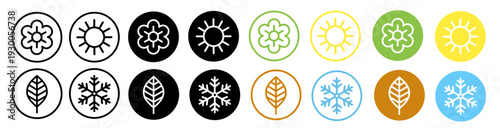 Season icon set. Four seasons: spring flower, summer sun, autumn leaf, and winter snowflake in various styles