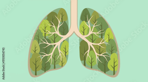 Stylized lungs filled with trees and foliage, illustrating clean air, environmental health, and the connection between nature and respiratory wellbeing.