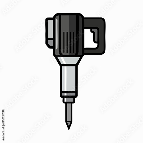 Jackhammer vector illustration in black and gray; heavy-duty demolition equipment; construction tool with handle; pneumatic drill for breaking concrete