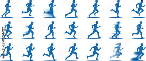 Set of blue running man silhouettes with speed lines and motion effects Keywords: running, runner, man, silhouette, blue, speed