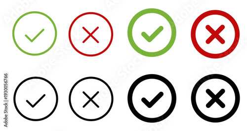 Set of check marks and cross icons in green, red, and black colors with thin and thick circle borders. Check mark and cross icon set