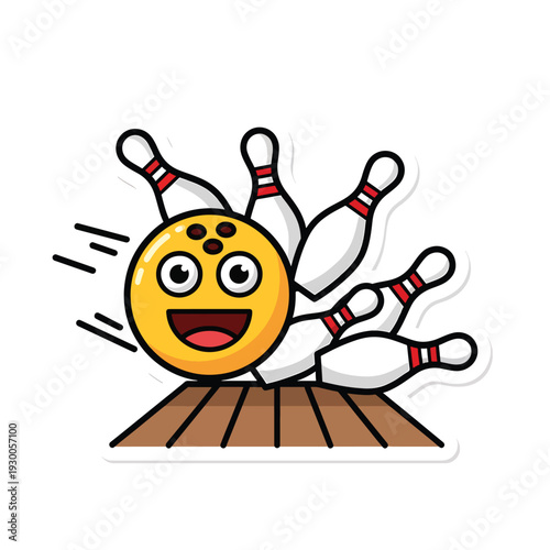 A cartoon bowling ball smashing into pins on a wooden lane with a comedic expression