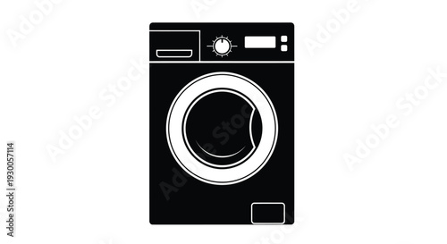 A black and white illustration of a modern front loading washing machine appliance