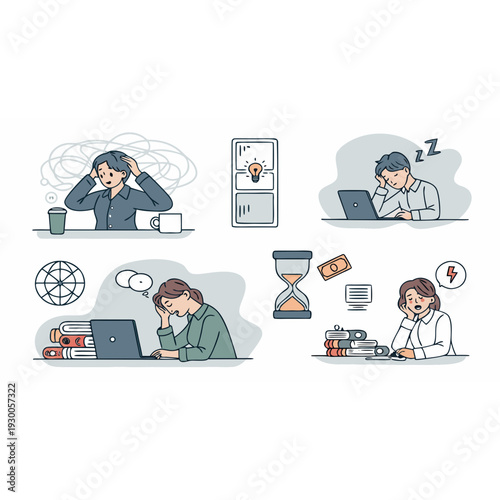 burnout icon set, mental health stress exhaustion emotional fatigue office worker minimal vector collection
