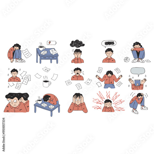 burnout icon set, mental health stress exhaustion emotional fatigue office worker minimal vector collection