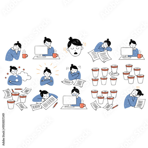 burnout icon set, mental health stress exhaustion emotional fatigue office worker minimal vector collection