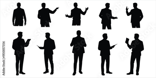 Silhouette collection of businessmen in various poses on white background Keywords: businessman, silhouette, man, suit, business