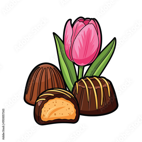 Assorted chocolates and a pink tulip flower in a still life arrangement