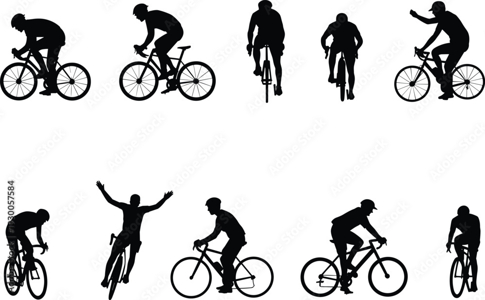 Fototapeta premium Silhouettes of cyclists celebrating and riding on white background cycling bicycle