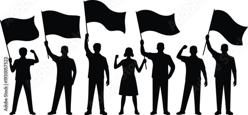 Silhouette of people holding and raising black flags in a protest on white background Keywords: people, silhouette, group