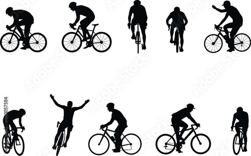 Silhouettes of cyclists celebrating and riding on white background cycling bicycle