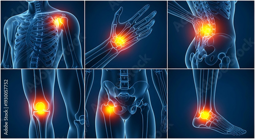 Human joint pain inflammation anatomy collection with shoulder wrist back knee hip ankle