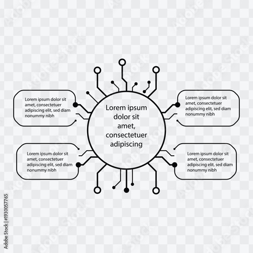 Circular circuit infographic template with text boxes isolated on transparent background