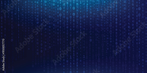 Blue binary code background with falling digital numbers and data stream effect