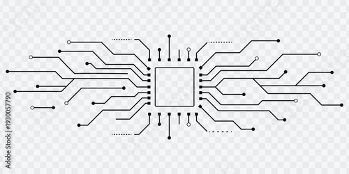 Black microchip circuit lines isolated on transparent background