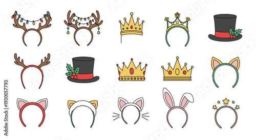 Large variety of festive party headbands and hats featuring reindeer antlers crowns top hats cat ears and bunny ears for celebrations and events.