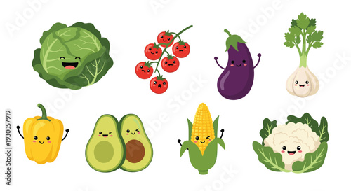 Healthy vegetable characters with cute faces including cabbage, tomatoes, eggplant, garlic, pepper, avocado, corn and cauliflower set.