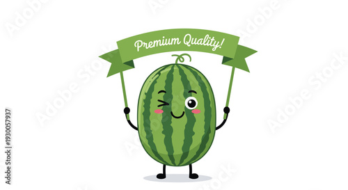 Funny watermelon character winking and holding a green banner with premium quality text for summer fruit promotion and marketing.