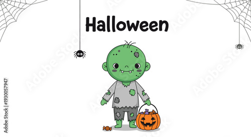 Little zombie boy character in tattered clothes holding a pumpkin bucket full of candies for Halloween trick or treat celebration.